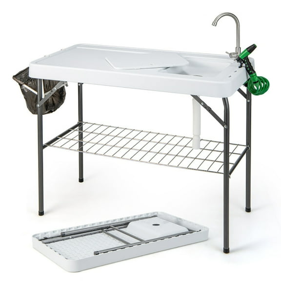 Resenkos Portable Camping Fish Cleaning Table with Grid Rack and Faucet,Folding Dining Table for Patio Pool Park Outdoor