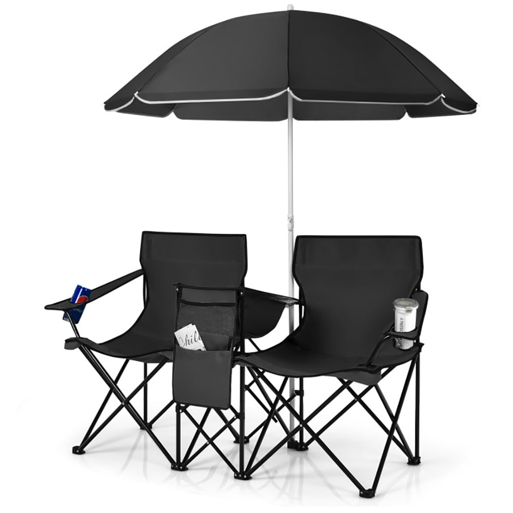 Resenkos Portable Folding Picnic Double Chair With UmbrellaBlack