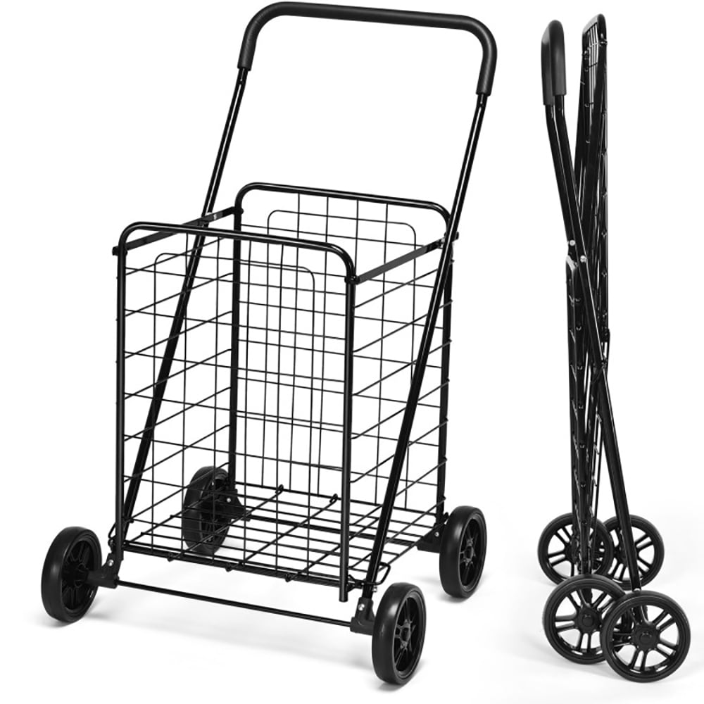 Resenkos Portable Folding Shopping Cart Utility for Grocery Laundry-Black, Shopping Carts for Groceries, Heavy Duty Folding Shopping Cart with Wheels, Portable Collapsible Grocery Cart