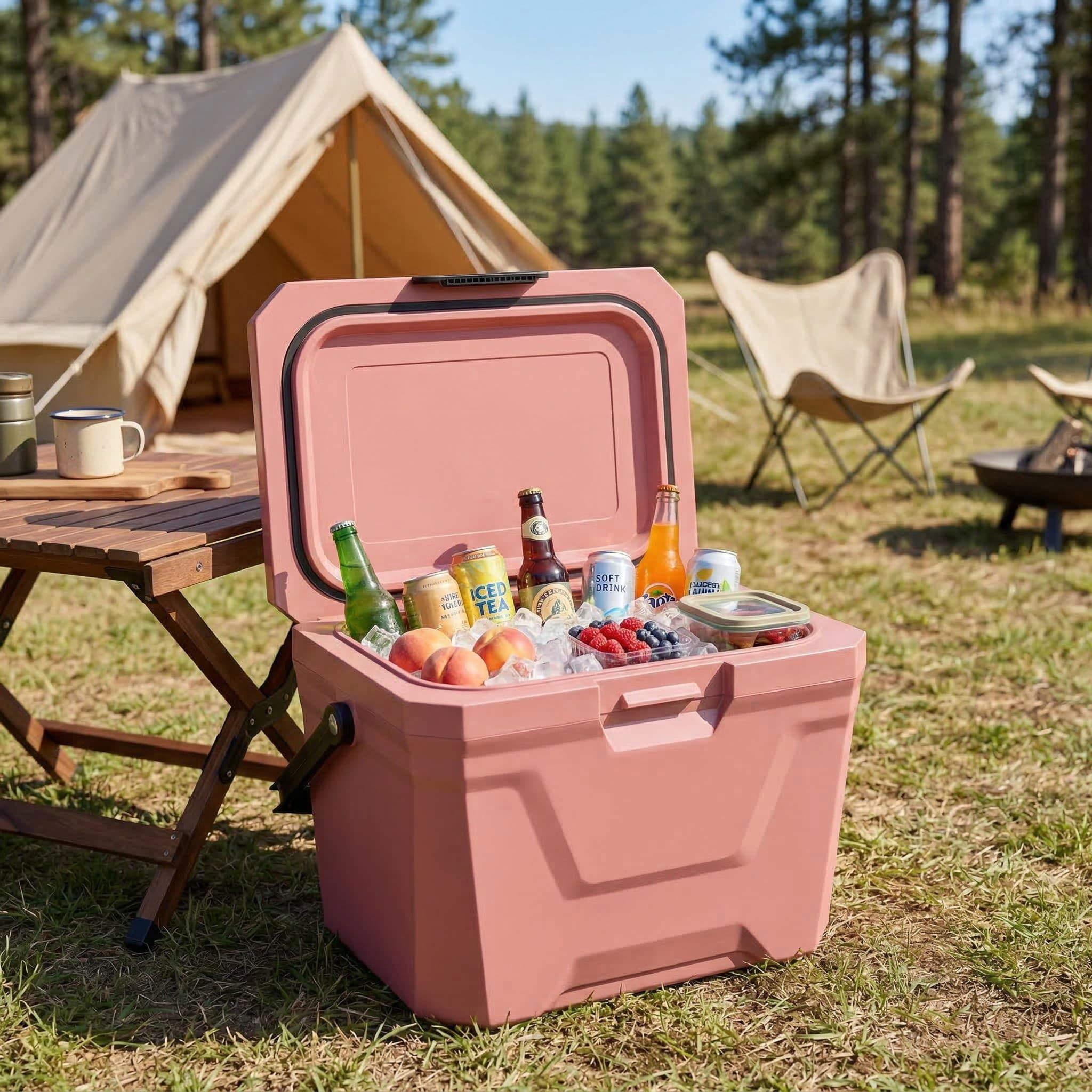 Resenkos Portable Insulated Hard Shell Ice Chest Cooler with 2 Cup Holders, Durable Outdoor Cooler for Camping, Beach and Backyard, Pink