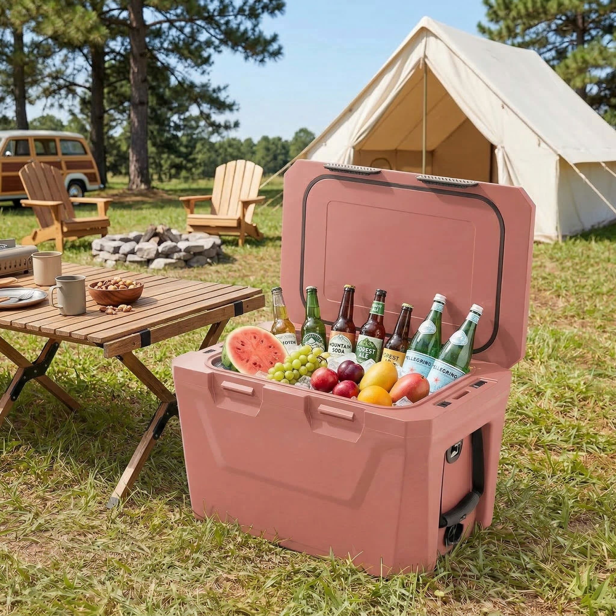 Resenkos Portable Insulated Hard Shell Ice Chest with Cup Holders Bottle Opener and Drain Plug, Waterproof Outdoor Cooler for Beach and Travel, Pink