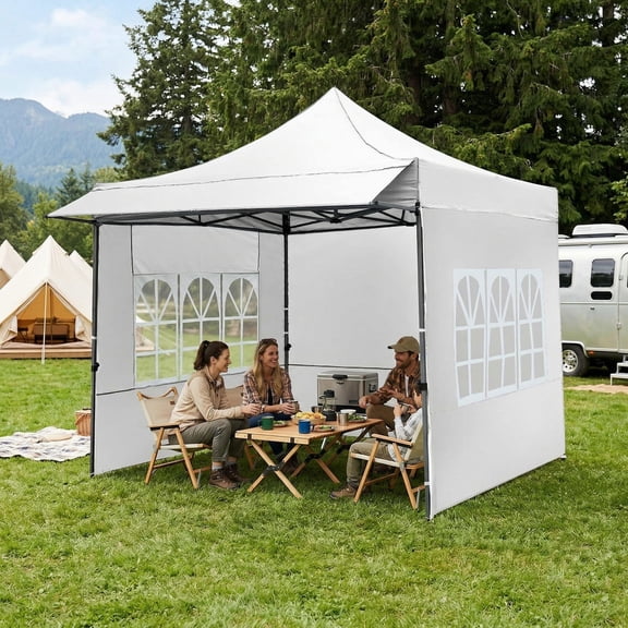 Resenkos Portable Outdoor Shade with Extended Canopy, 10×10 Ft Instant Canopy with Side Panels for Weddings, Picnics Events, White