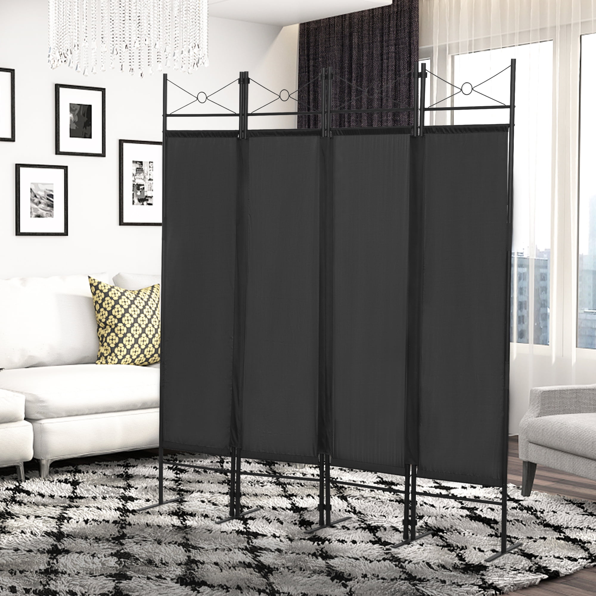 Resenkos Portable Wall Partition Room Divider with 4 Panels, Freestanding Temporary Room Separator for Bedroom Living Room Black Fabric Panels