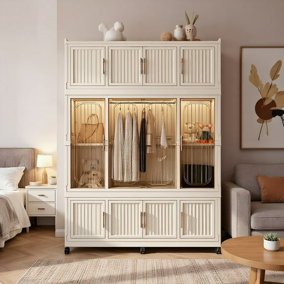 Resenkos Portable Wardrobe Closet Storage Organizer, Clothes Dresser with 12 Magnetic Doors (12 Cubes & 1 Hanging Rod) & 6 Hangers, Cream White