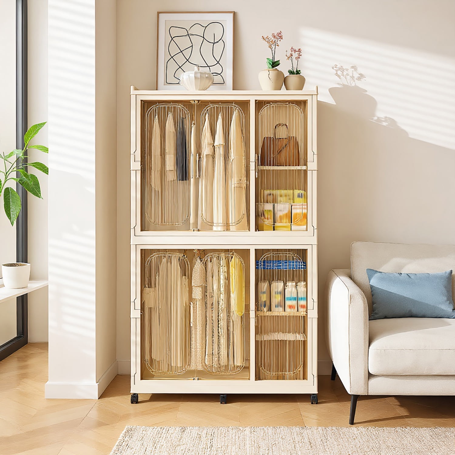 Resenkos Portable Wardrobe Closet Storage Organizer For Clothes,Clothes Dresser,6 Magnetic Doors-6 Cubes & 2 Hanging Rod,6 pcs hangers, Cream White