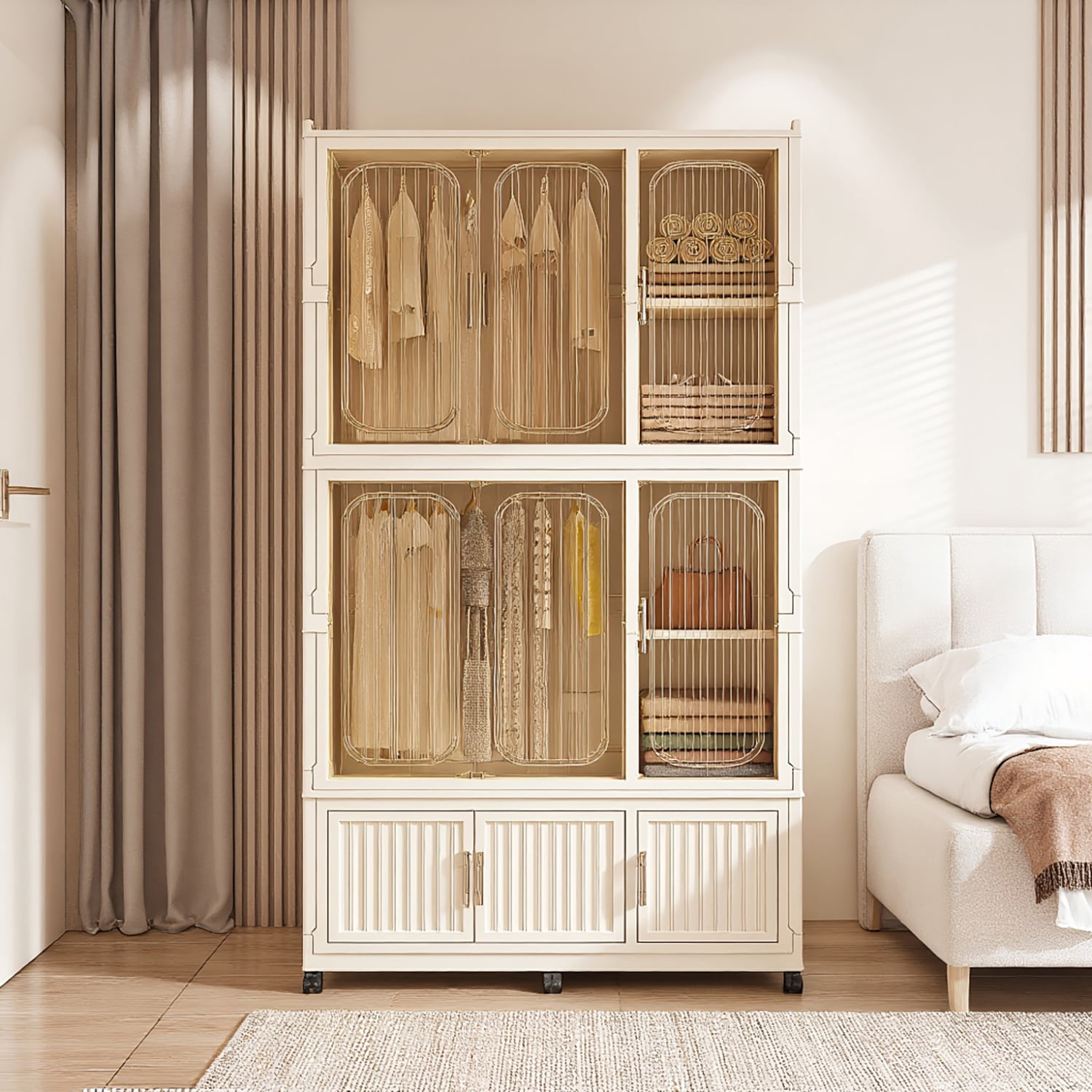 Resenkos Portable Wardrobe Closet Storage Organizer For Clothes,Clothes Dresser, 9 Magnetic Doors-9 Cubes & 2 Hanging Rod,6 pcs hangers, Cream White