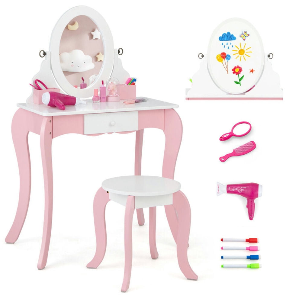 Resenkos Pretend Kids Vanity Set with 360° Rotatable Mirror and Play Accessories, Kids Makeup Vanity for Girls Kids