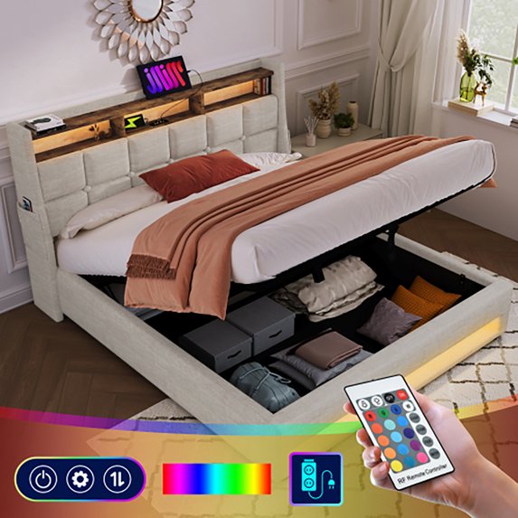 Resenkos Queen size Upholstered Platform Bed with Hydraulic-Storage System,Queen size Bed Frame with Smarter LED Bed Frame, No Box Spring Needed,Easy Assemble,for Bedroom,Guestroom,Apartment,Natural
