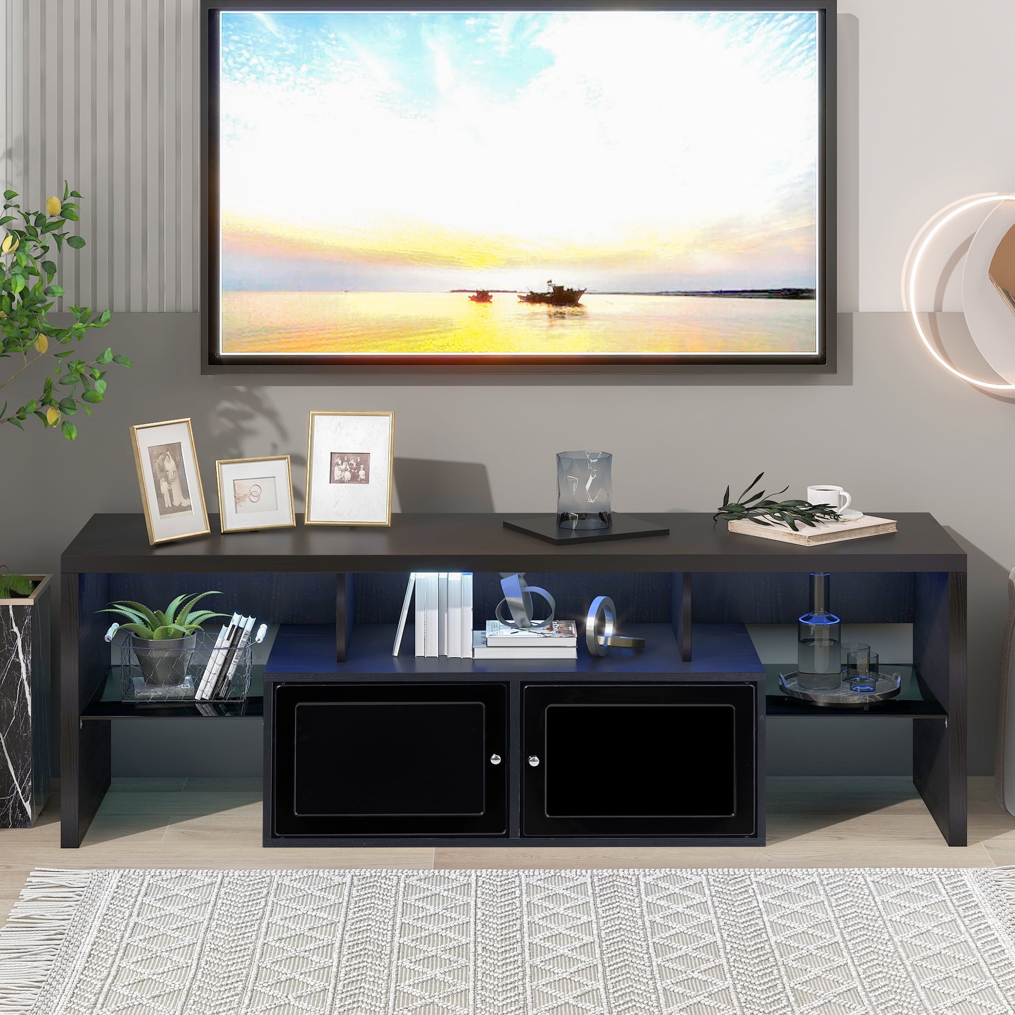 Resenkos RGB Entertainment Center with Remote Control for up to 65 inches TV, Gaming LED Media TV Console Stand for Living Room Black