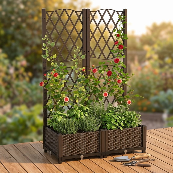 Resenkos Raised Planter Boxes, Large Space Elevated Flower Beds,Raised Garden Bed with Trellis Planter Box for Climbing Plants-Brown