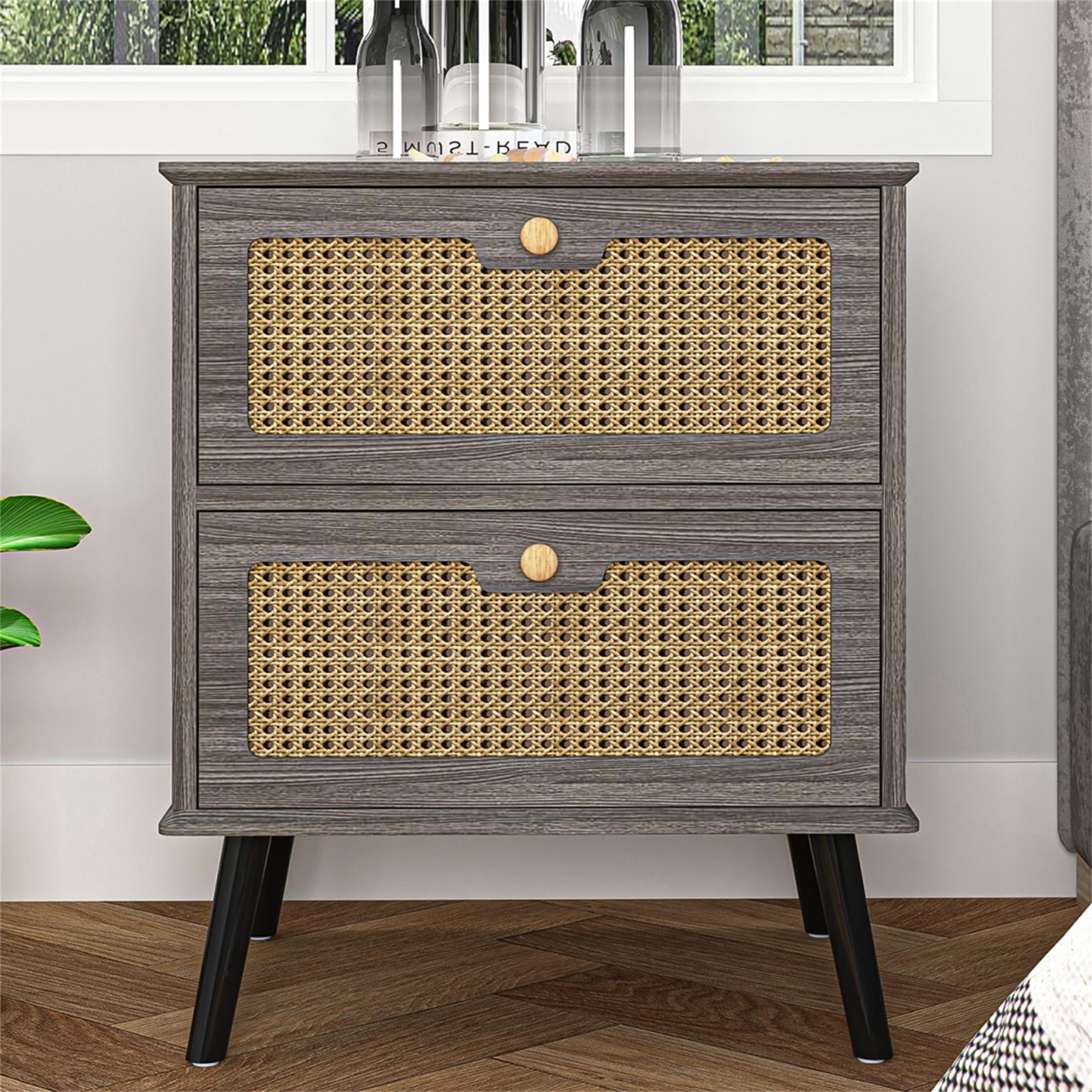 Resenkos Rattan Bedroom Bedside Table, Double Layer Nightstand End Table - Grey Resenkos Rattan Bedroom Bedside Table, Double Layer Nightstand End Table - Grey