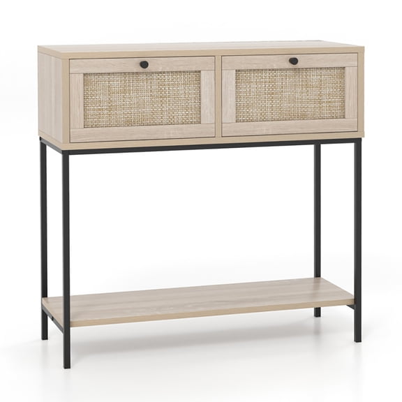 Resenkos Rattan Console Table Boho Entryway Table with 2 Rattan Drawers and Open Storage Shelf-Oak, Narrow Console Table, Entryway Hall Table with Shelves for Foyer & Entry Spaces