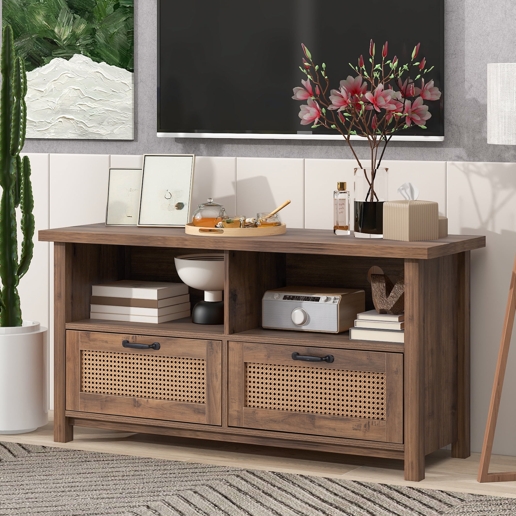 Resenkos Rattan Entertainment Media Center for up to 55 inches TV, TV Console Stand Cabinet with 2 Drawer and 2 Open Shelves Brown