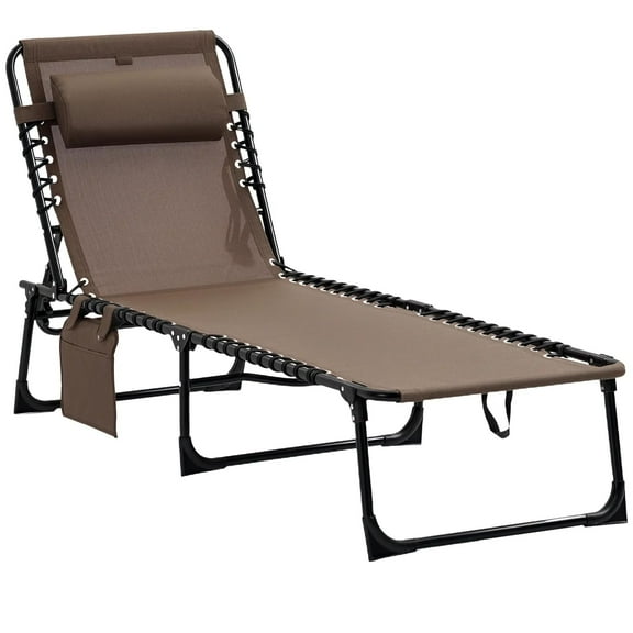Resenkos Reclining Chaise Lounge Chair, Portable Sun Lounger, Folding Camping Cot With Adjustable Backrest and Removable Pillow, Brown