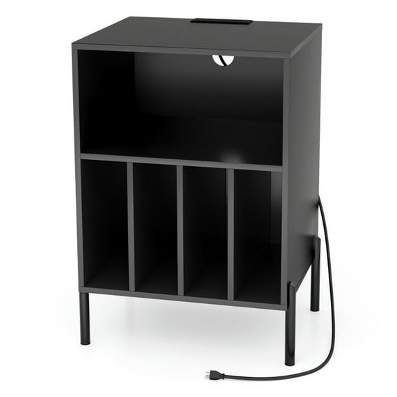 Resenkos Record Player Stand with Record Storage Shelf and Charging Station-Black, Nightstand Small Side Table, End Table for Bedroom Living Room