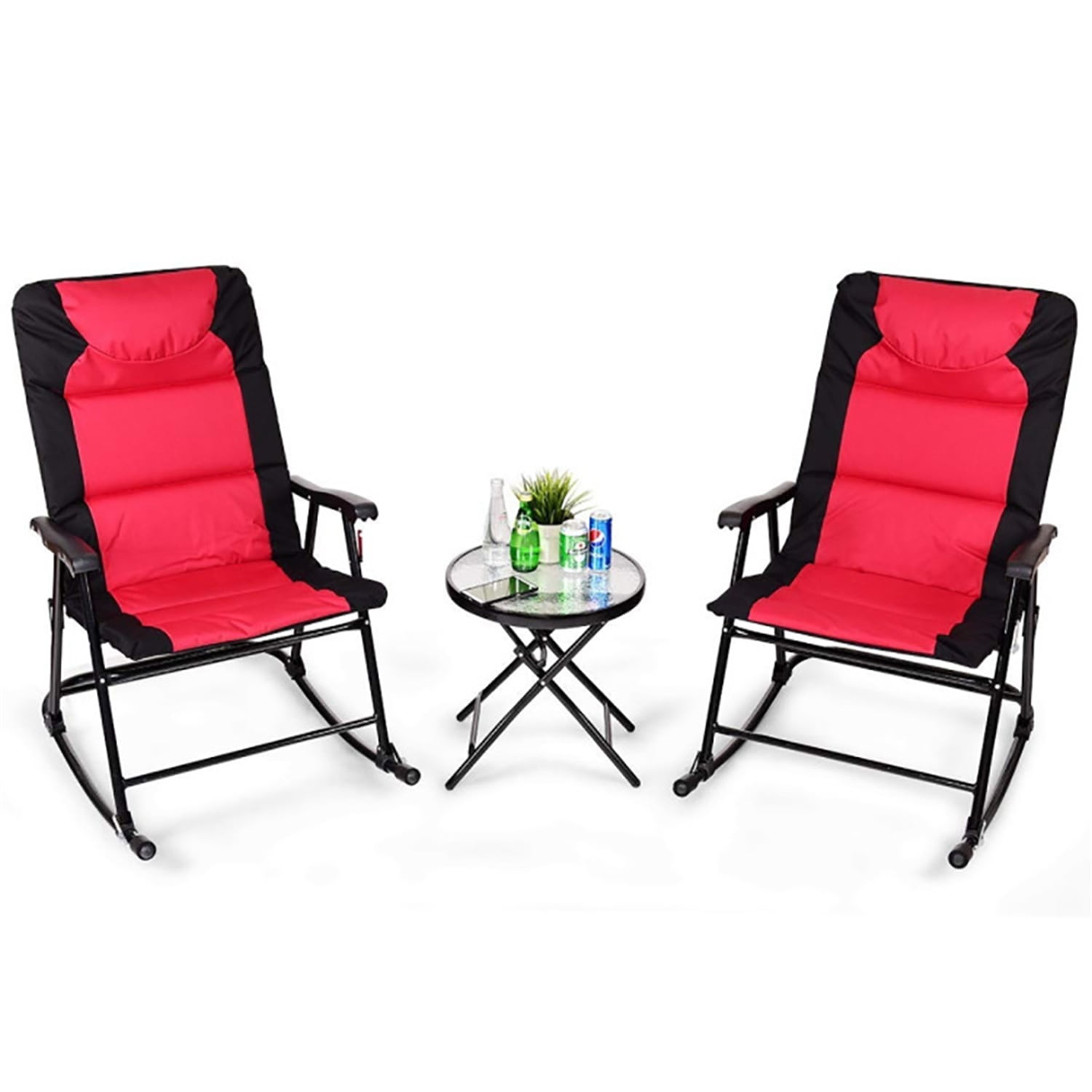 Resenkos Resenkos 3 Pieces Folding Rocking Chair Outdoor Side Table Set of 3 with Cushion, Black&Red