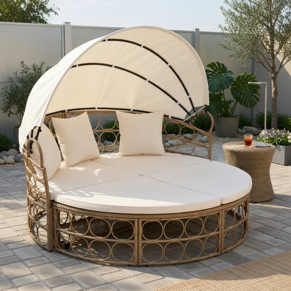 Resenkos Retractable Canopy Outdoor Patio Daybed, AllWeather PE Rattan Sunbed, Removable White Cushion, MultiPerson Conversation Sofa for Balcony, Poolside, Garden, White