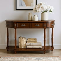 Resenkos Retro Curved Wood Console Table, 52" Circular Half Moon Sofa Table with Open Shelf & 2 Drawers for Living Room & Hallway, Cherry