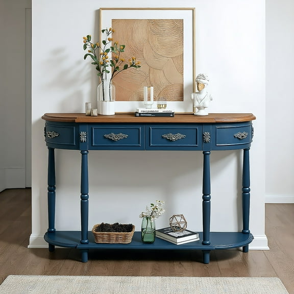Resenkos Retro Curved Wood Console Table, 52" Circular Half Moon Sofa Table with Open Shelf & 2 Drawers for Living Room & Hallway, Navy Blue