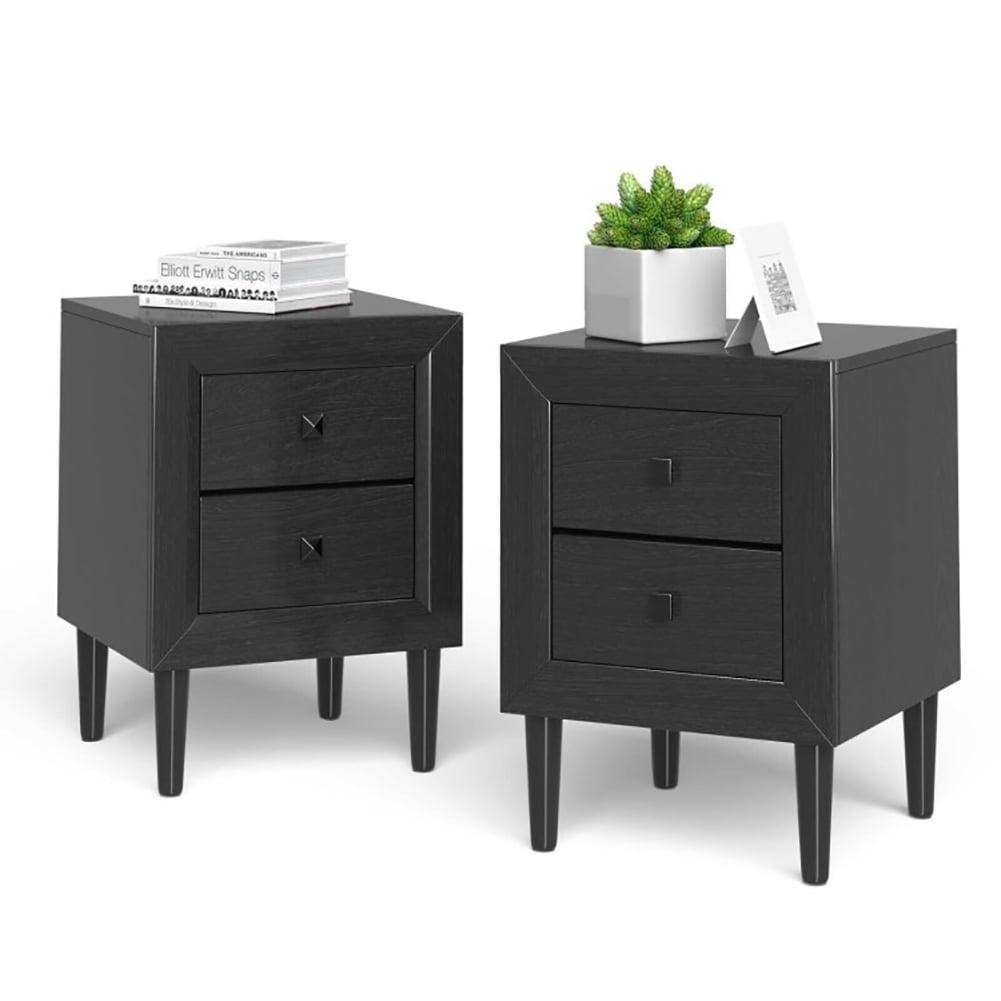 Resenkos Retro Nightstand Set of 2, End Table Side Table with 2 Drawers, Storage Cabinet for Bedroom, Living Room, Black