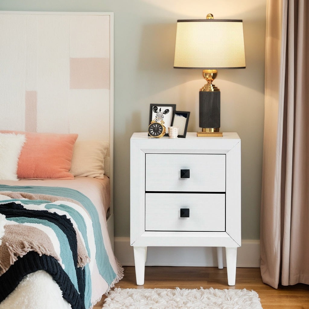 Resenkos Retro Nightstand Set of 2, End Table Side Table with 2 Drawers, Storage Cabinet for Bedroom, Living Room, White