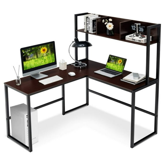 Resenkos Reversible L-Shaped Corner Desk with Storage Bookshelf-Dark Brown, Home Office Desks, Gaming Computer Desks for Study,Working,Writing