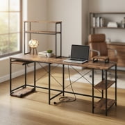 Resenkos Reversible L-Shaped Gaming Desk with LED Lights, Power Outlets, and Monitor Hutch - Rustic Brown/Black