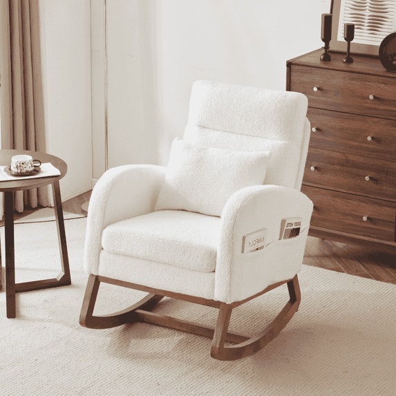EDOEMSE Rocking Bedroom Bistro Chairs,White Rocking Chair Nursery With Thick Headrest, Modern Nursing Rocker Glider With Curved Armrest
