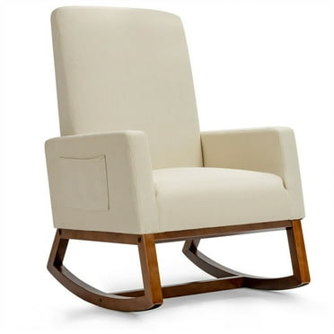 Resenkos Rocking Chair Nursery Glider, Comfy Rocker Nursery Chair, Rocking High Back Upholstered Lounge Armchair with Side Pocket-Beige