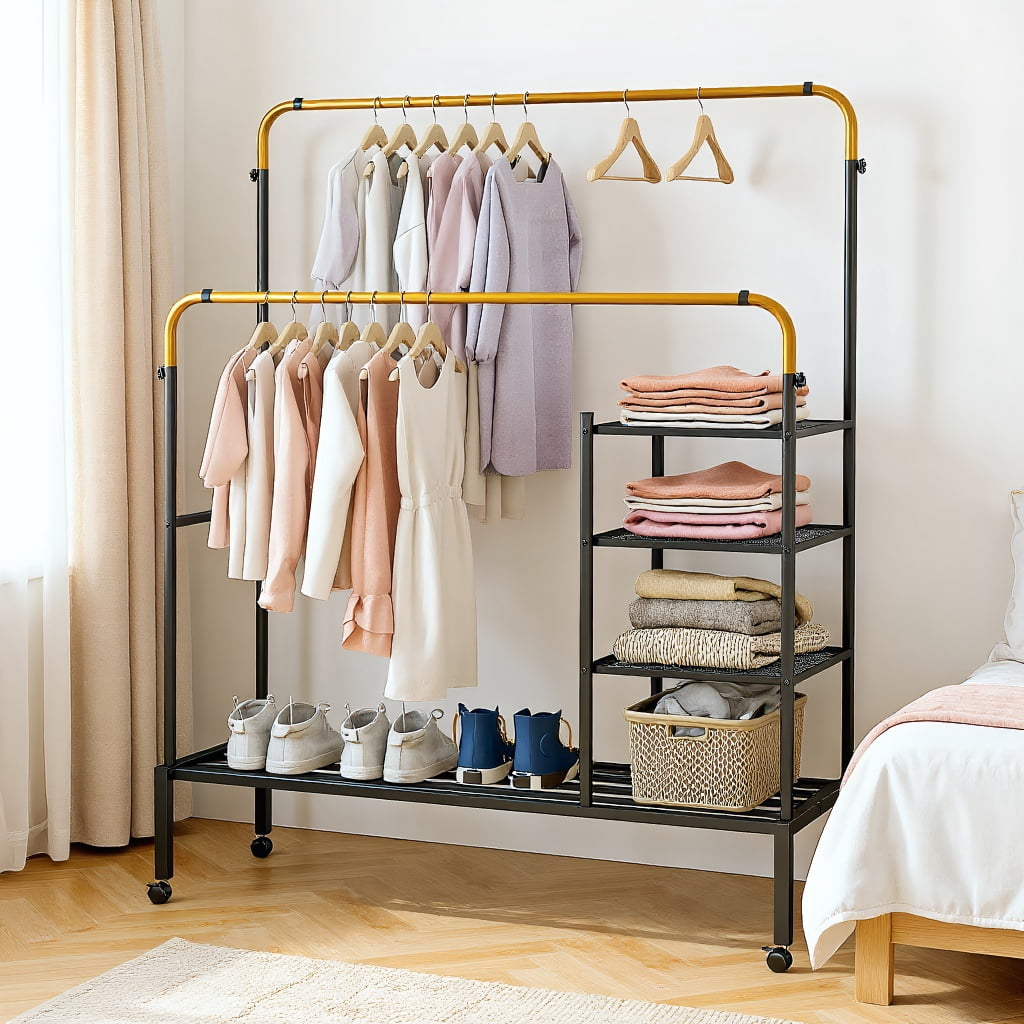 Resenkos Rolling Double Rods Garment Rack with Height Adjustable ...