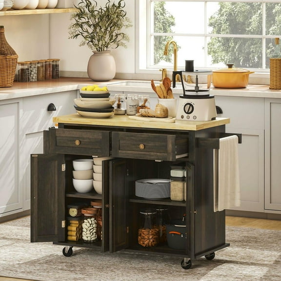 Resenkos Rolling Kitchen Island with Durable Rubberwood Top, Includes Drawers, Adjustable Shelves, a Spice Rack, and Towel Bar, Brown Oak