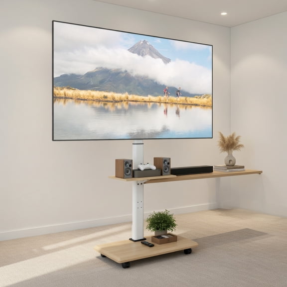 Resenkos Rolling TV Stand on Wheels Mobile TV Cart, Height Adjustable Portable AV Cart for 32-75 Inch TVs, Natural