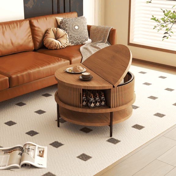 Resenkose Round Flip-Top Coffee Table with Storage, 31.5" Farmhouse Center Table with Sliding Doors & Hidden Compartment, Brown