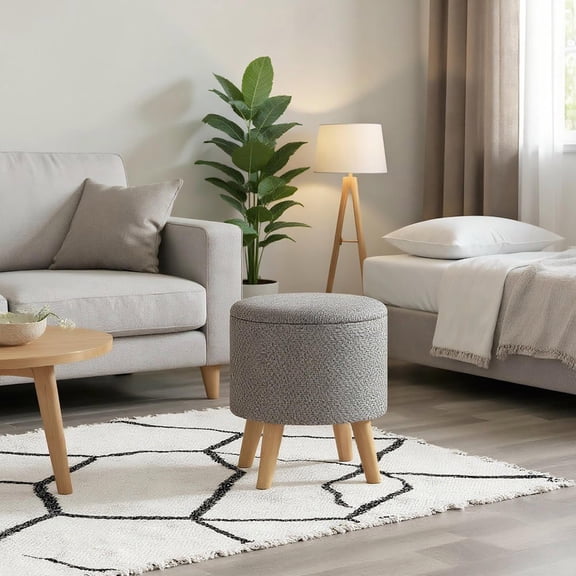 Resenkos Round Linen Upholstered Storage Ottoman Stool with Padded Seat, Hidden Space & Wood Legs - Light Gray
