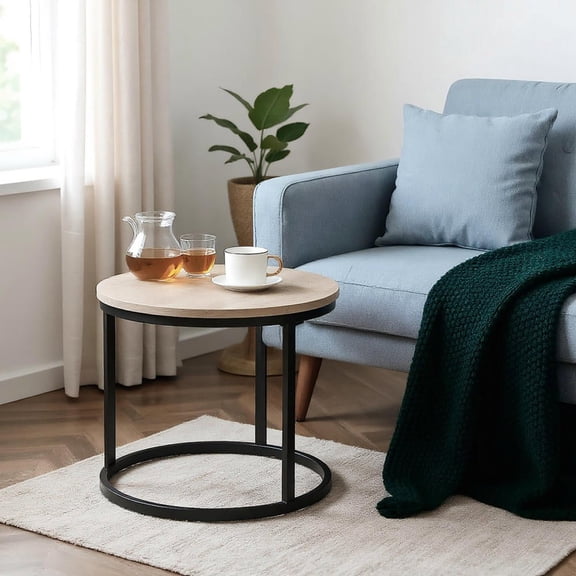 Resenkos Round Nesting Tables Set of 2, Stacking Coffee Table Set with Metal Frame for Living Room, Adjustable Foot Pads, Assembly Required, Grey