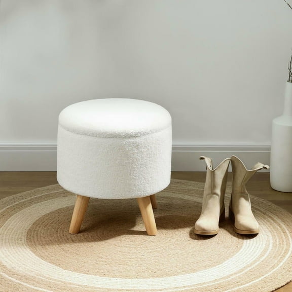Resenkos Round Ottoman Stool with Storage - Linen Upholstered Foot Stool, Padded Seat, Hidden Space & Wood Legs, White