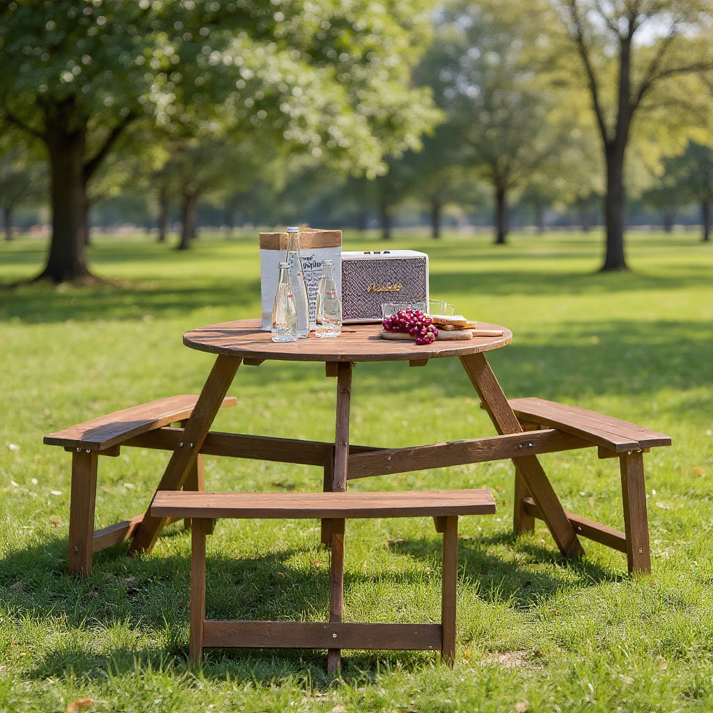 Resenkos Round Wood Picnic Table Umbrella Hole and 3 Built-in Benches ...