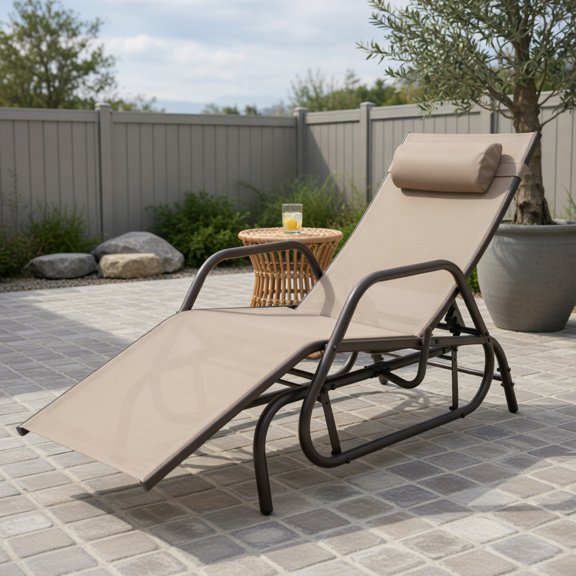 Resenkos Rustic Outdoor Glider Chaise Lounge Chair, Smooth SilentGlide Mechanism, Adjustable MultiAngle Backrest, Detachable Neck Pillow, Metal Frame Patio Recliner, Brown