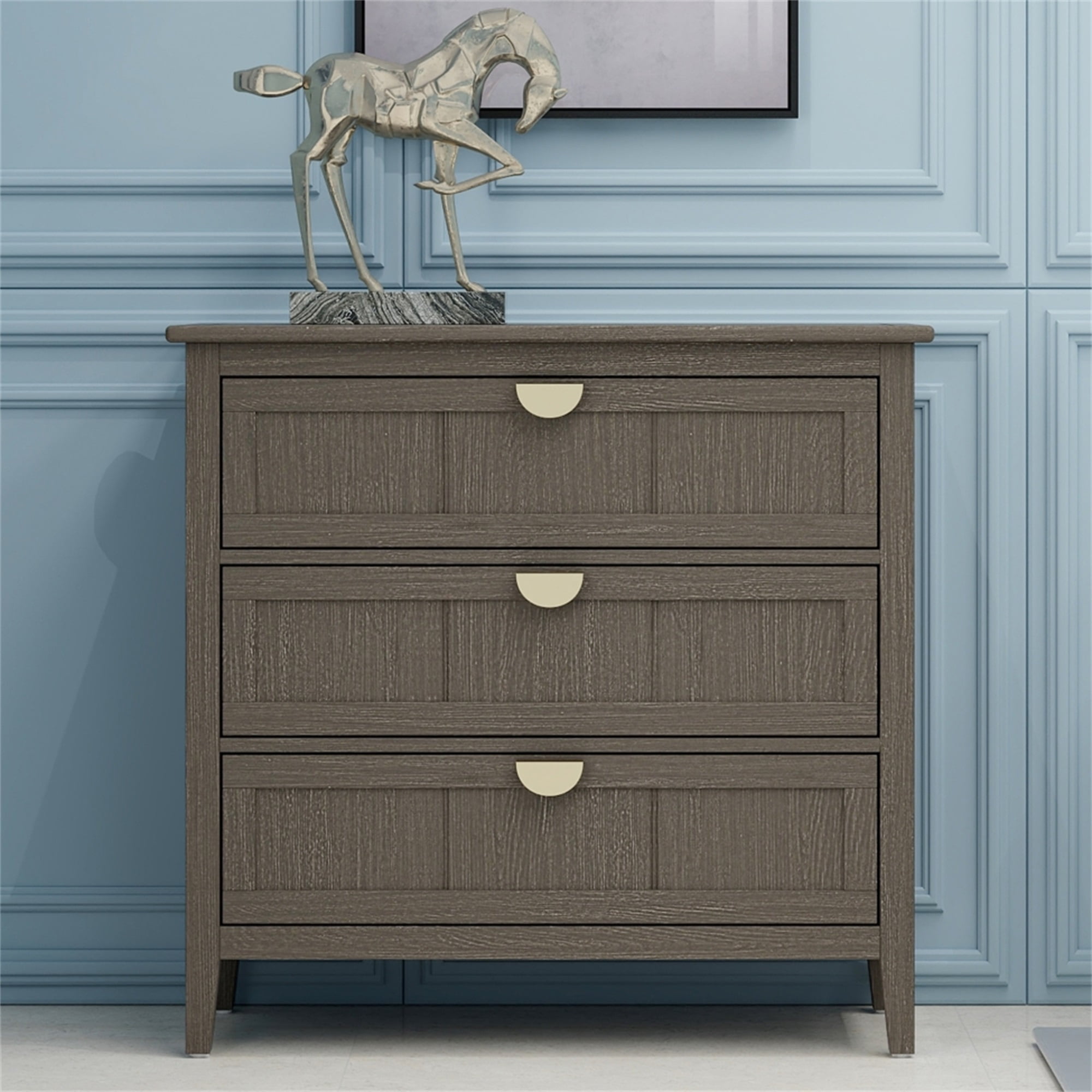 Resenkos Rustic Wood Dresser for Bedroom with 3 Drawers, Metal Handle Storage Nightstand, Olive Green Finish