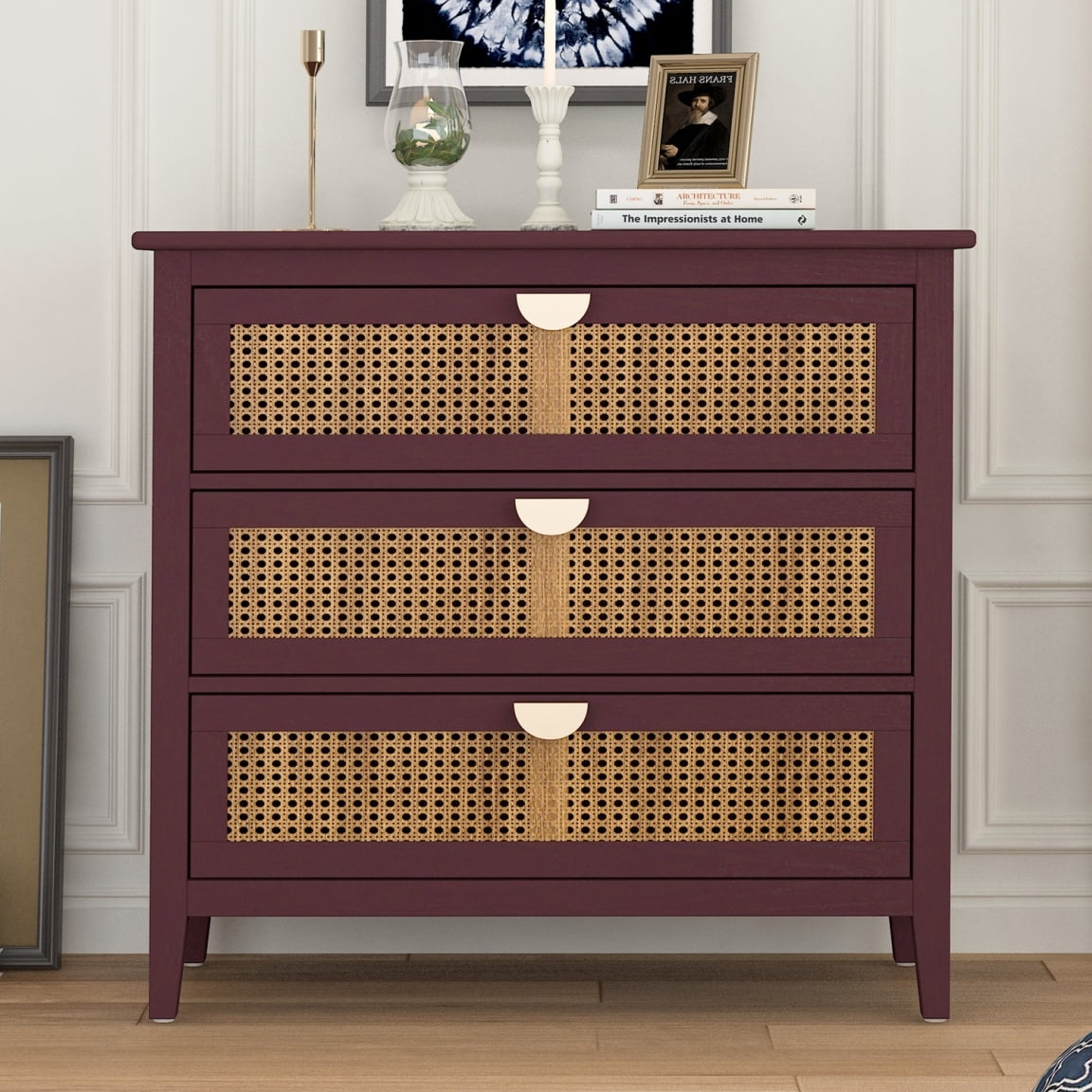 Resenkos Rustic Wood Dresser for Bedroom with 3 Rattan Drawers, Metal Handle Storage Nightstand, Red Finish