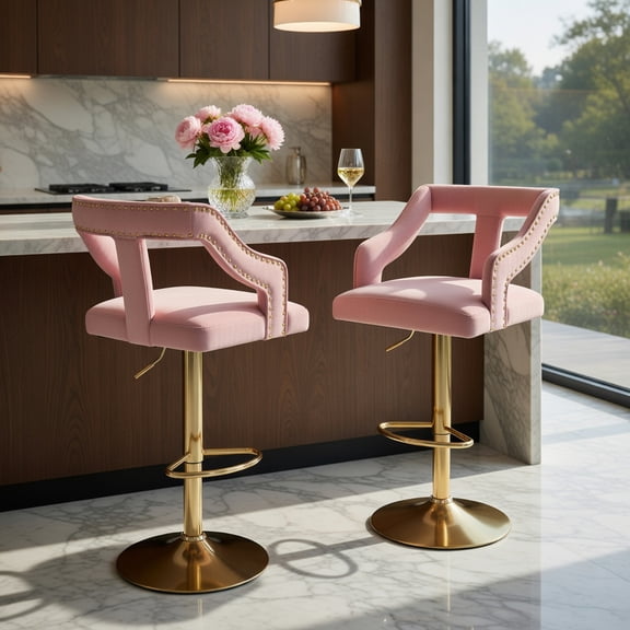 Resenkos Set of 2 Bar Chairs with Footrest and 2-Layer Electroplated Metal Base-Pink, Bar Height Stools, Bar Stools for Kitchen Island for Kitchen, Dining Room
