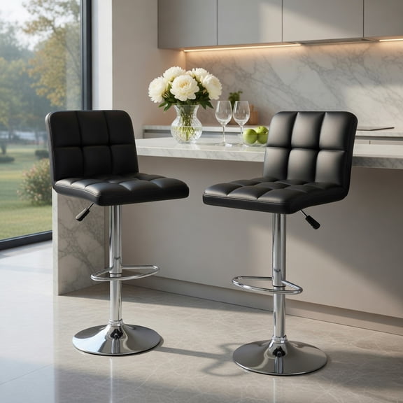 Resenkos Set of 2 Square Swivel Adjustable PU Leather Bar Stools with Back and Footrest-Black, Bar Height Stools, Bar Stools for Kitchen Island for Kitchen, Dining Room