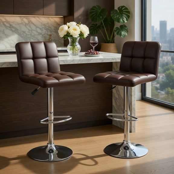 Resenkos Set of 2 Square Swivel Adjustable PU Leather Bar Stools with Back and Footrest-Coffee, Bar Height Stools, Bar Stools for Kitchen Island for Kitchen, Dining Room