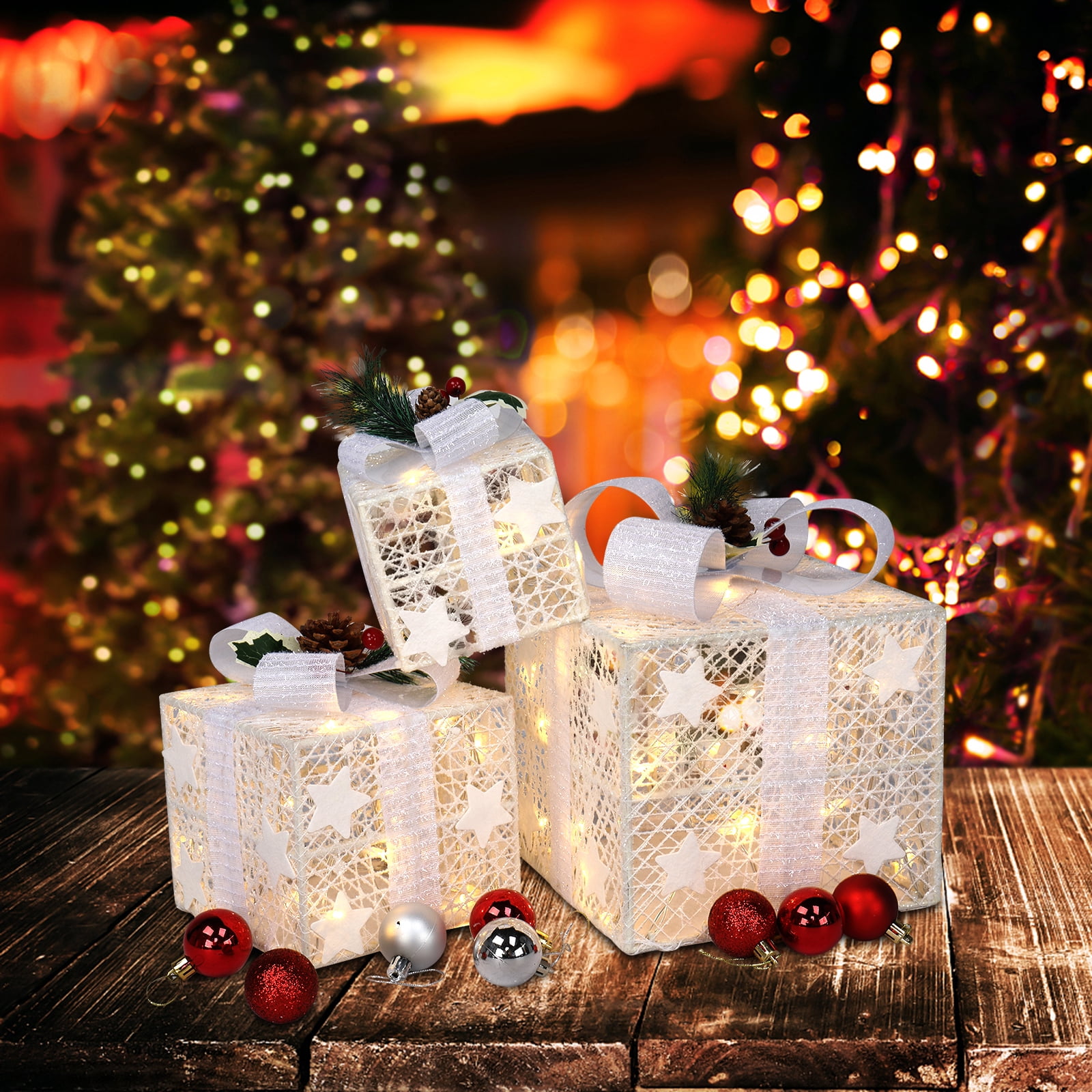 Resenkos Set of 3 Lighted Gift Boxes Christmas Decorations, Pre-lit Present Box with Bowknot for Outdoor Indoor Holiday Party Christmas Home Christmas Holiday Decor