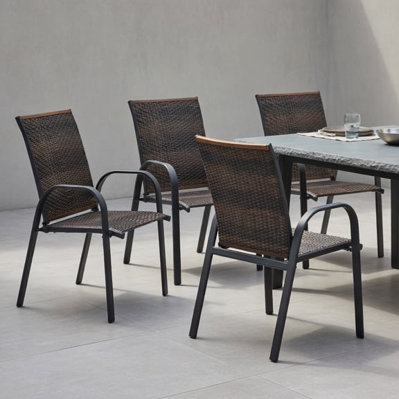 Resenkos Set of 6 Outdoor PE Wicker Stackable Chairs with Sturdy Steel Frame-Brown, Outdoor Dining Chair for Outside Patio, All Weather, Porch, Garden, Poolside