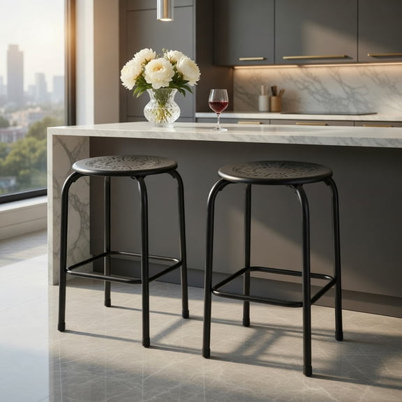 Resenkos Set of 6 Stackable Multifunctional Daisy Design Backless Round Metal Stool Set-Black, Bar Height Stools, Bar Stools for Kitchen Island for Kitchen, Dining Room