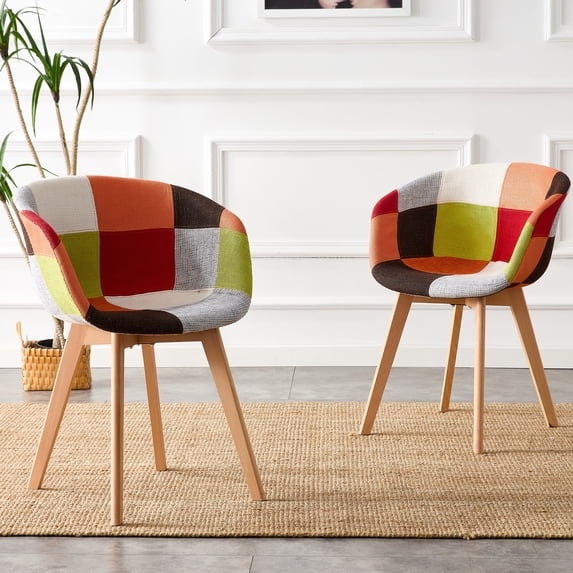 Resenkos Set for 2 Modern Patchwork Upholstered Dining Chairs, Club Guest Accent Arm Chair with Wood Legs, Red Fabric
