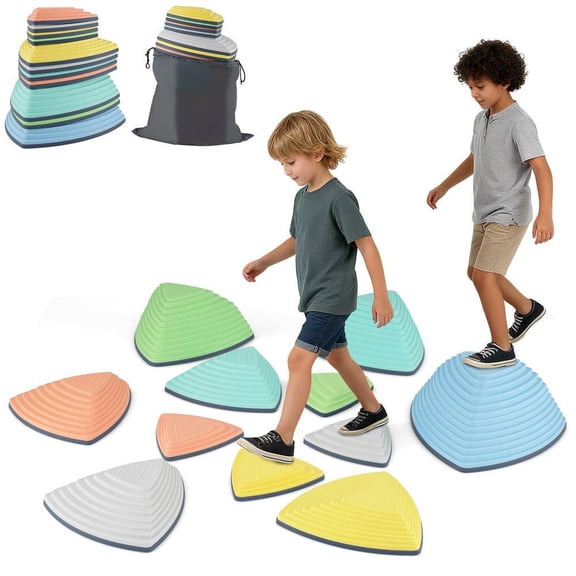 Resenkos Set of 11 Kids Stepping Stones Non-Slip Balance Stones with Storage Bag - Portable Balance Training Kit - Multicolor