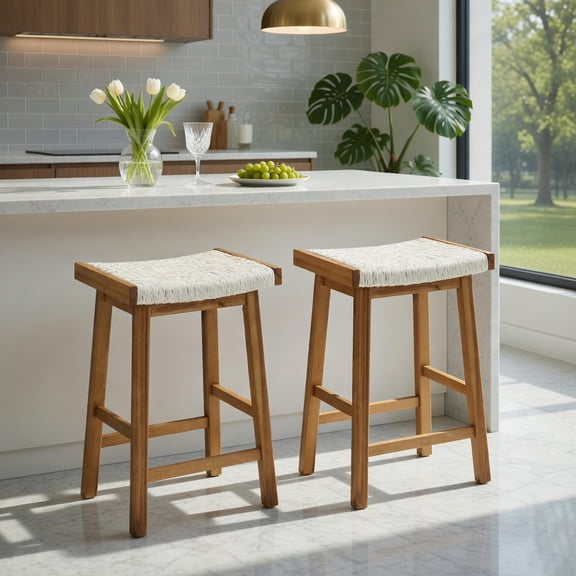 Resenkos Set of 2 25.5 Inch Dining Bar Stool with Seaweed Woven Seat, Bar Height Stools, Bar Stools for Kitchen Island for Kitchen, Dining Room