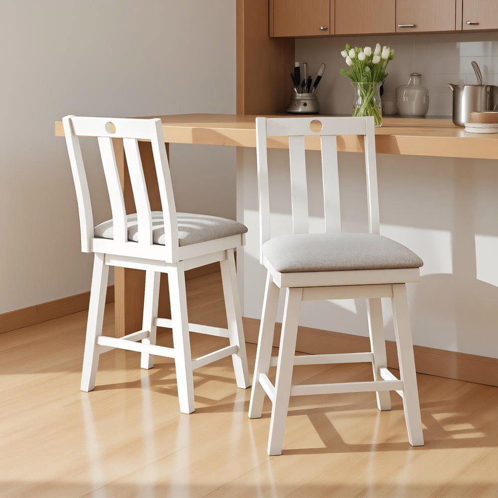 Resenkose Set of 2 25-Inch Modern Swivel Bar Stools with Upholstered 360° Seat for Kitchen Island, White